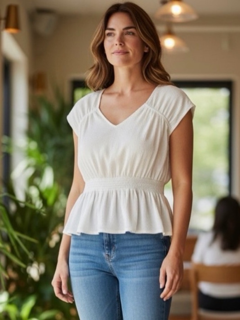 Old Navy Cream V-Neck Textured Blouse XXL